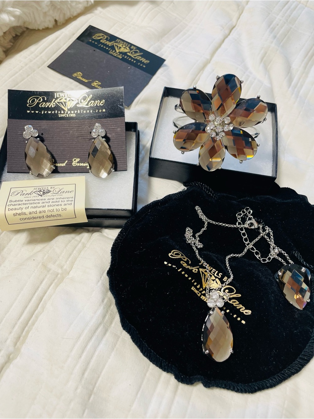 Park Lane Brown Faceted Crystal Flower Brooch, Earrings & Necklace Set